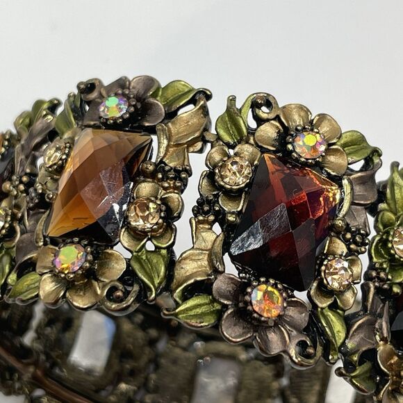 Vintage Gold Tone Metal AB Brown Acrylic Rhinestone Statement Stretch Bracelet - Picture 4 of 6